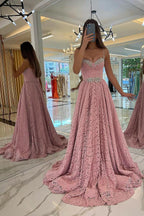 Stunning Pink Long A-line Sweetheart Beadings Lace Prom Dresses