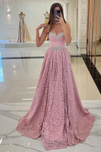 Stunning Pink Long A-line Sweetheart Beadings Lace Prom Dresses