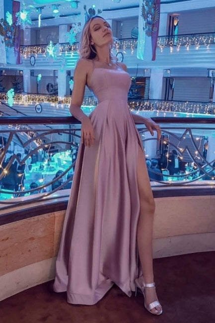 Stunning Spaghetti Straps Satin Evening Dress with Side Slit