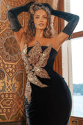 Stunning Strapless Crystal Pattern Velvet Mermaid Wedding Party Gown