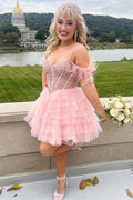 Delia |A Line Off the Shoulder Homecoming Dress with Beading