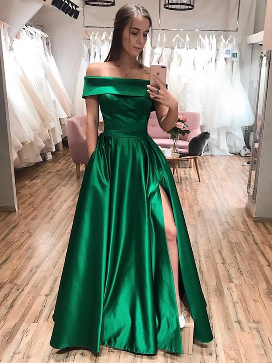 Stylish A-line Off the Shoulder Satin Long Formal Prom Dresses with Side Slit