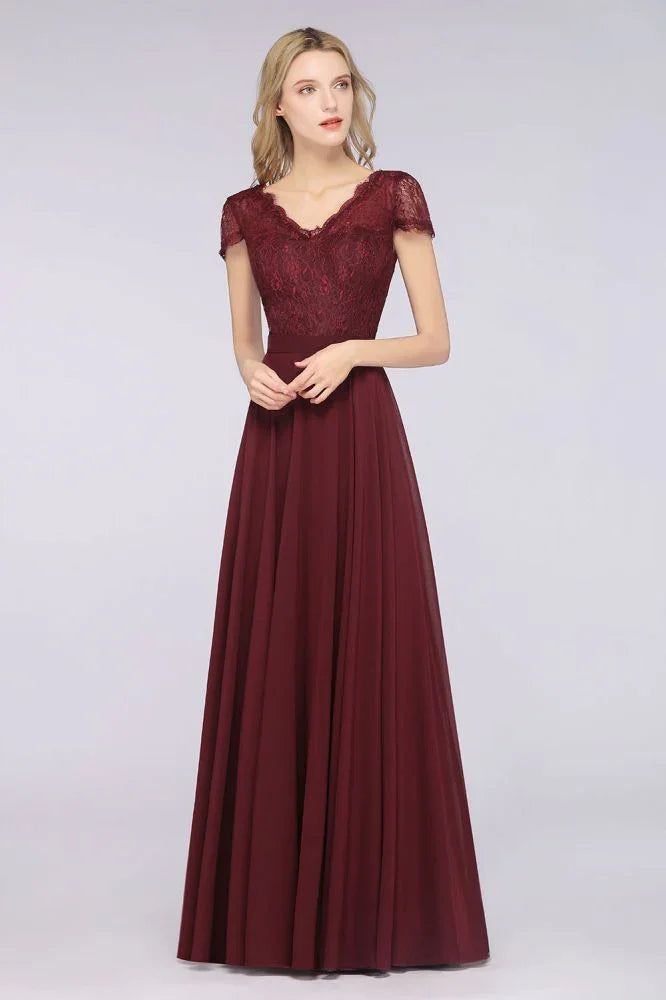 Stylish A-Line V-Neck Cap-Sleeves Floor-Length Bridesmaid Dress