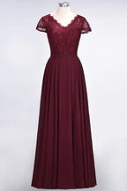 Stylish A-Line V-Neck Cap-Sleeves Floor-Length Bridesmaid Dress