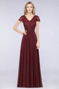 Stylish A-Line V-Neck Cap-Sleeves Floor-Length Bridesmaid Dress
