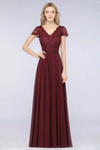 Stylish A-Line V-Neck Cap-Sleeves Floor-Length Bridesmaid Dress