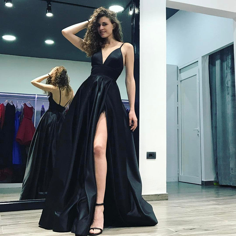 Stylish A-Line V-neck Satin Long Black Prom Dress With Slit
