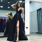 Stylish A-Line V-neck Satin Long Black Prom Dress With Slit