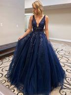 Stylish A-line V Neck Tulle Lace Long Formal Prom Dresses