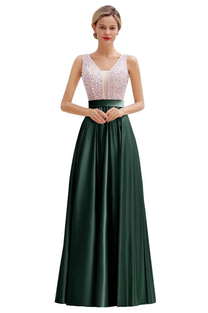 Stylish Backless Satin Floor Length Evening Dress V-Neck Party Dress