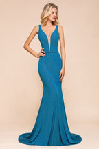 Stylish Deep Double V-Neck Sleeveless Mermaid Prom Dress Formal Party Gown