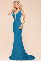 Stylish Deep Double V-Neck Sleeveless Mermaid Prom Dress Formal Party Gown