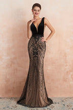 Stylish Deep V-Neck Black Beading Mermaid Prom Dress Sleeveless Slim Evening Party Gown