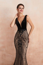 Stylish Deep V-Neck Black Beading Mermaid Prom Dress Sleeveless Slim Evening Party Gown
