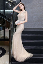 Stylish Deep V-Neck Sleeveless Beading Silver Slim Mermaid Party Gown