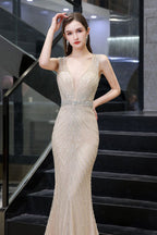 Stylish Deep V-Neck Sleeveless Beading Silver Slim Mermaid Party Gown