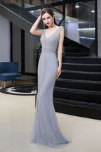 Stylish Deep V-Neck Sleeveless Beading Silver Slim Mermaid Party Gown