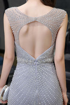 Stylish Deep V-Neck Sleeveless Beading Silver Slim Mermaid Party Gown