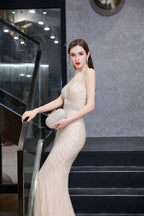 Stylish Deep V-Neck Sleeveless Beading Silver Slim Mermaid Party Gown
