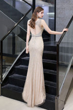 Stylish Deep V-Neck Sleeveless Beading Silver Slim Mermaid Party Gown