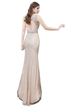 Stylish Deep V-Neck Sleeveless Beading Silver Slim Mermaid Party Gown