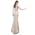 Stylish Deep V-Neck Sleeveless Beading Silver Slim Mermaid Party Gown