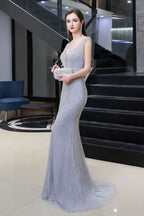 Stylish Deep V-Neck Sleeveless Beading Silver Slim Mermaid Party Gown