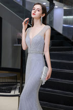 Stylish Deep V-Neck Sleeveless Beading Silver Slim Mermaid Party Gown