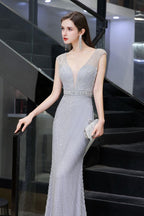 Stylish Deep V-Neck Sleeveless Beading Silver Slim Mermaid Party Gown