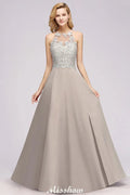 Stylish Floral Appliques Sleeveless Evening Party Gown Aline Silver Chiffon Long Bridesmaid Dress
