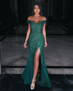 Stylish Green Long Off-the-shoulder Mermaid Prom Dress With Slit