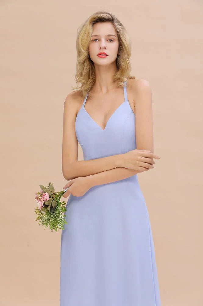 Stylish Halter V-Neck Sleeveless Floor-Length A-Line Bridesmaid Dress