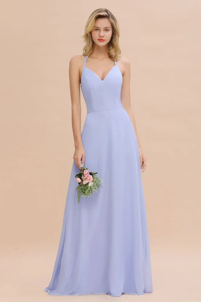 Stylish Halter V-Neck Sleeveless Floor-Length A-Line Bridesmaid Dress