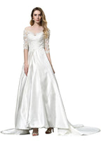 Stylish Lace Appliques Half Sleeves Aline Wedding Dress Floor Length Satin Dress for Bride