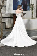 Stylish Lace Appliques Half Sleeves Aline Wedding Dress Floor Length Satin Dress for Bride