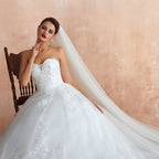 Stylish Long A-line Strapless Appliques Tulle Wedding Dress