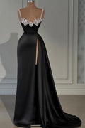 Stylish Long Black A-line Sleeveless Satin Split Front Prom Dress with Jewels