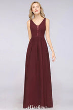 Stylish V-Neck aline Evening Maxi Gown Chiffon Sleeveless Bridesmaid Dress Burgundy