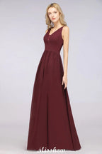 Stylish V-Neck aline Evening Maxi Gown Chiffon Sleeveless Bridesmaid Dress Burgundy
