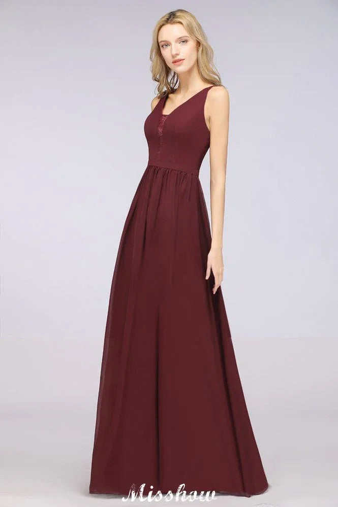 Stylish V-Neck aline Evening Maxi Gown Chiffon Sleeveless Bridesmaid Dress Burgundy
