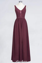 Stylish V-Neck aline Evening Maxi Gown Chiffon Sleeveless Bridesmaid Dress Burgundy