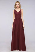 Stylish V-Neck aline Evening Maxi Gown Chiffon Sleeveless Bridesmaid Dress Burgundy