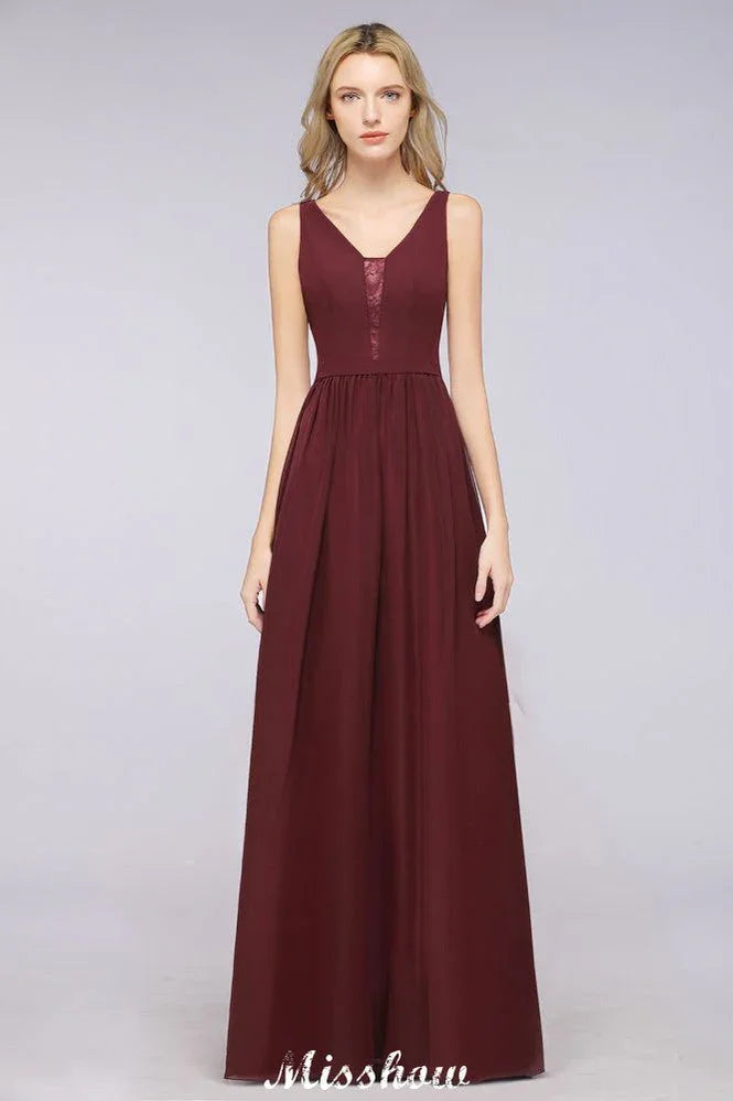 Stylish V-Neck aline Evening Maxi Gown Chiffon Sleeveless Bridesmaid Dress Burgundy
