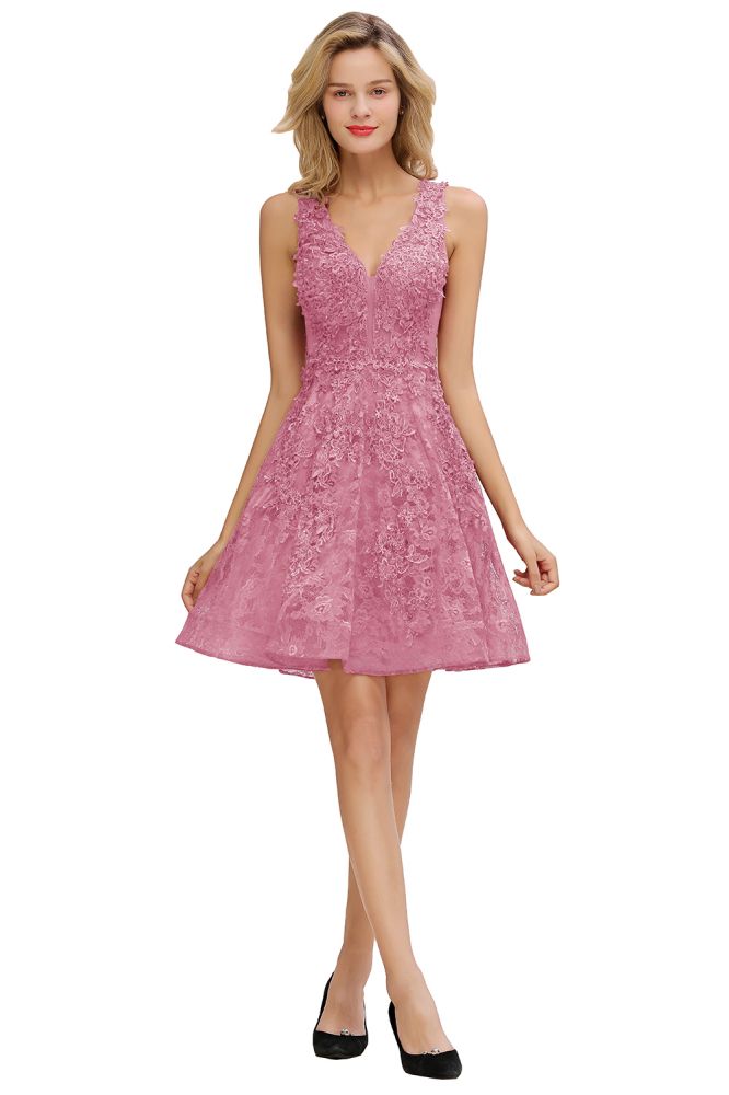Stylish V-Neck Floral Appliques Homecoming Dress Knee-Length Sleeveless Party Dress