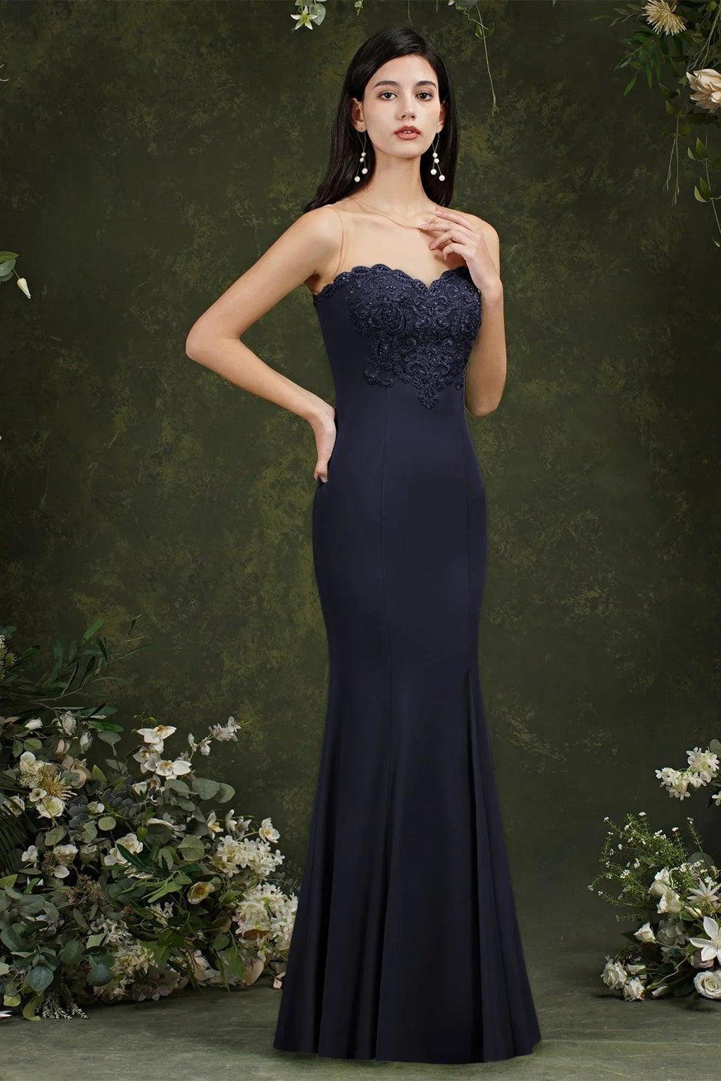 Sweetheart Floral Lace Tulle Mermaid Long Prom dress