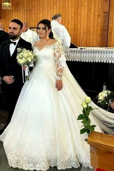 Sweetheart Long-Sleeve A-Line Tulle Wedding Dresses with Lace