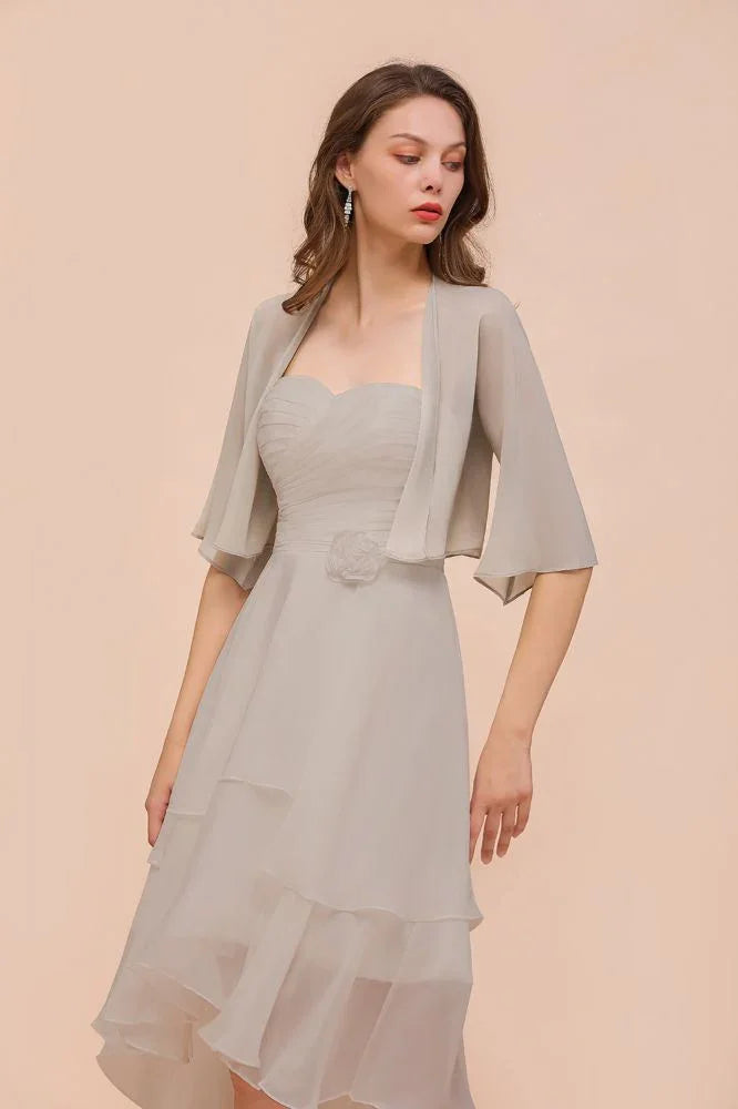 Sweetheart Sleeveless Mini Grey Bridesmaid Dress with Chiffon Wraps
