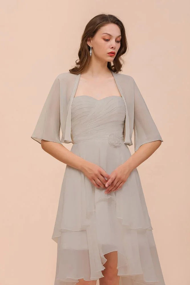 Sweetheart Sleeveless Mini Grey Bridesmaid Dress with Chiffon Wraps