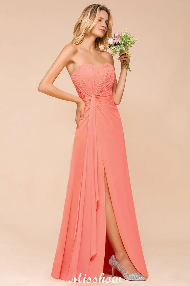 Sweetheart Strapless Ruffle Bridesmaid Dress Chiffon Long Maid of Honor Dress