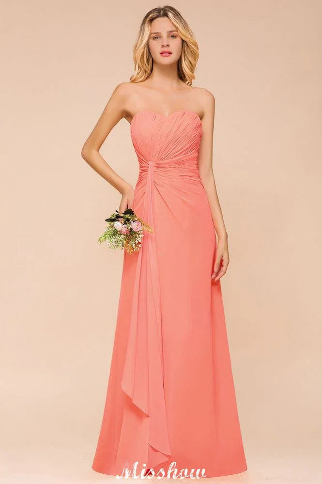 Sweetheart Strapless Ruffle Bridesmaid Dress Chiffon Long Maid of Honor Dress